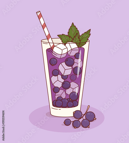 Purple Drink Blackcurrant with Ice Cubes, Berries and Mint Leaves. Summer Refreshing Lemonade Healthy Seasonal Cocktail in glass and straw. Vector Illustration