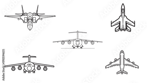 Set of Five Minimalist Aircraft Line Art icons Featuring Fighter Jets and Transport Planes. Vector illustration