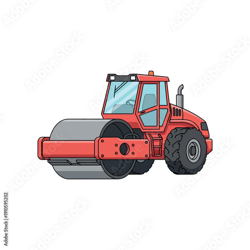 Road roller compaction vehicle operating on construction site, heavy machinery, industrial equipment, side view, isolated background