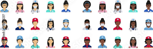 Doctors icons in uniform. Flat style women. Vector illustration.
