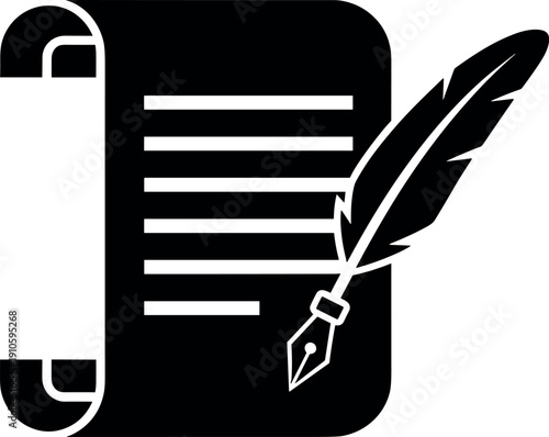 Ancient Parchment Scroll and Feather Quill Pen Icon, Vector Silhouette Black and White Cricut Design