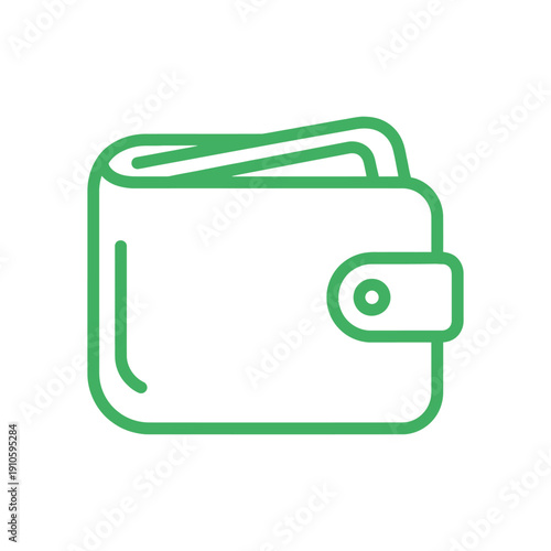 A green line drawing of a wallet on a white background with a snap closure.