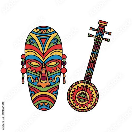 Vibrant tribal mask and decorated stringed instrument on white background illustration