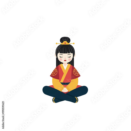 Serene illustration of a meditating woman in traditional attire, sitting cross-legged on a simple background
