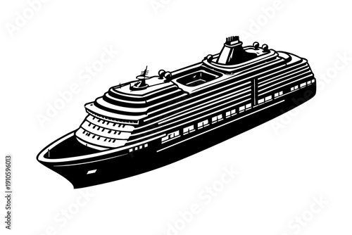 Isometric view of a cruise ship showing hull geometry, stacked decks