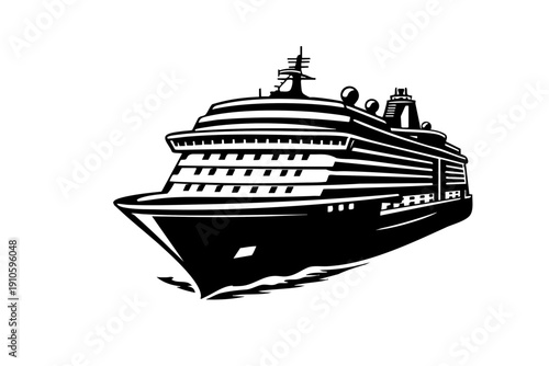 Solid black and white vector illustration of a cruise ship, front three-quarter perspective