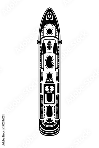 Top-down orthographic view of a cruise ship, simplified deck layout
