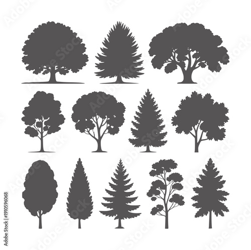 Collection of diverse dark grey tree silhouettes