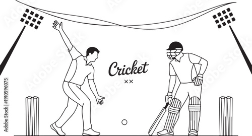 Abstract flat line pattern with batsman and bowler playing cricket championship background