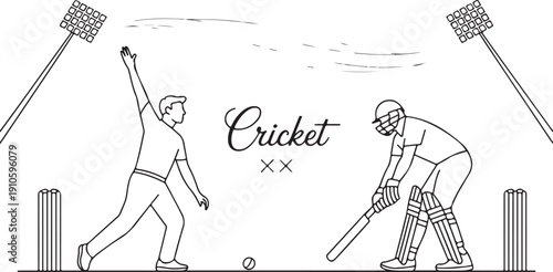 Abstract flat line pattern with batsman and bowler playing cricket championship background