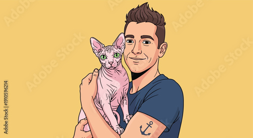 Man with a tattoo holding a Sphynx cat.