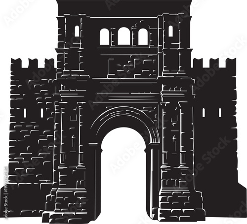 Ancient fortress gate silhouette with stone texture and archway isolated on transparent background vector