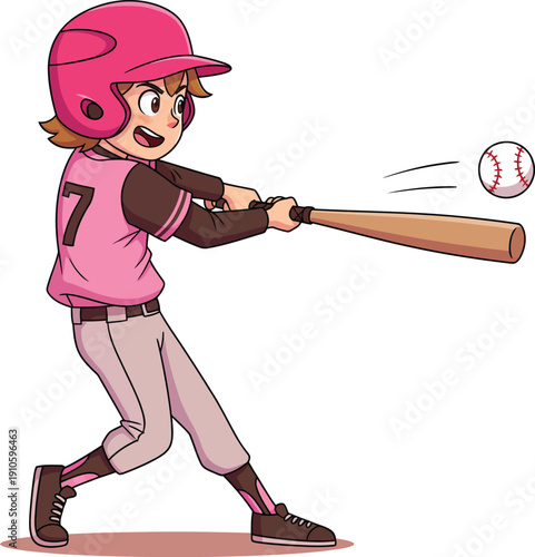 Determined cartoon baseball player in a pink uniform and helmet swinging a wooden bat at a ball.