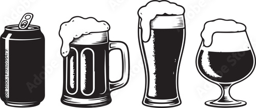 Beer glass, mug and can vector black objects set