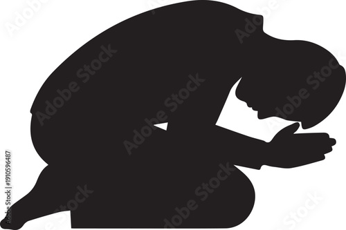 Man kneeling in prayer position, vector silhouette illustration line art religious