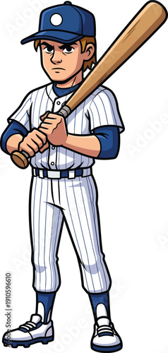 Determined cartoon baseball player in a pinstripe uniform holding a wooden bat.