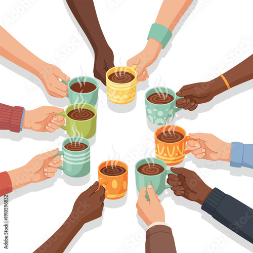 Diverse multicultural hands holding colorful patterned mugs of steaming hot coffee together in a circle.