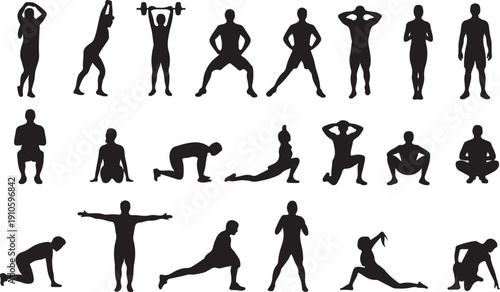 Big set of vector silhouettes of man and woman doing fitness, sport and yoga workout isolated on white background. Icons of sportive boy and girl practicing exercises in different positions