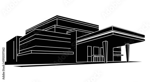 Modern commercial building architecture silhouette vector illustration representing urban city infrastructure corporate office structure and contemporary property design symbolizing business environme