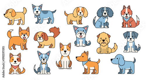 Adorable cartoon dogs in various poses and breeds, a delightful collection of canine companions.