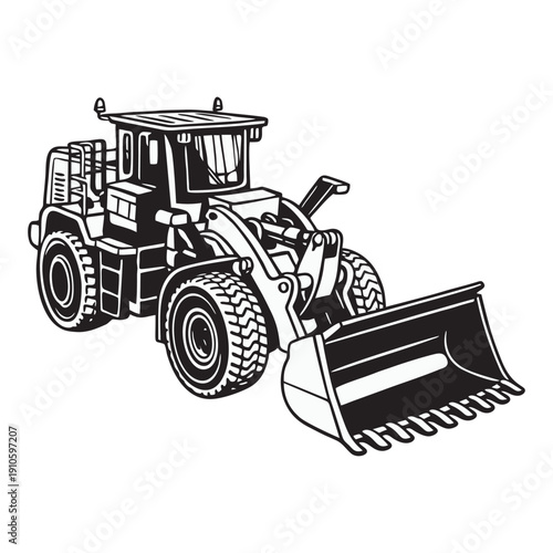 Heavy Duty Wheel Loader Construction Vehicle Line Art Illustration – Industrial Machinery Outline for Commercial Design