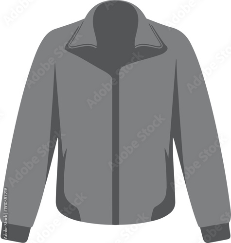 Flat design graphic illustration of a grey bomber jacket with collar and zippered front isolated on transparent background