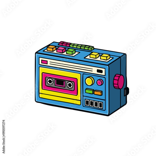 A colorful, cartoon-style illustration of a retro portable cassette player with a cassette tape inserted.