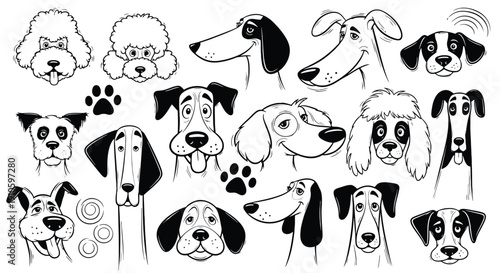 Black and white cartoon dog faces and paw prints.