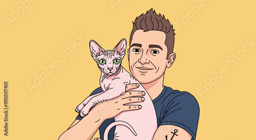 Man with spiky hair holding a Sphynx cat.