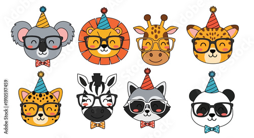 Cute cartoon animal faces wearing party hats and glasses.