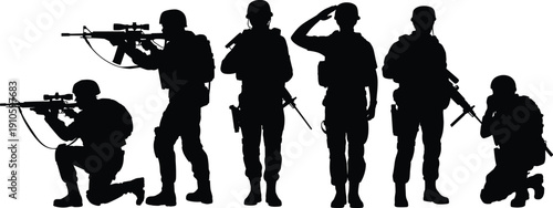 Collection of black military soldier silhouette vector illustrations in standing and combat poses isolated on white background for defense design, security branding, and tactical projects