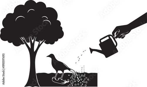 Caring for environment vector showing bird beneath flourishing tree being watered illustration