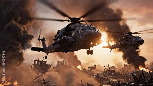 Two military helicopters flying aggressively over a war-torn city with fire and smoke.