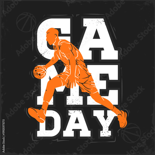 Dynamic silhouette of a basketball player dribbling with Game Day typography, igniting March Madness event hype, college hoops passion.