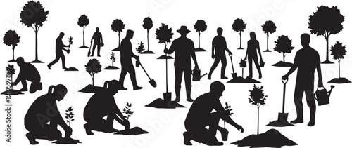 Gardening planting trees illustration silhouette vector, diverse people, various activities, nature