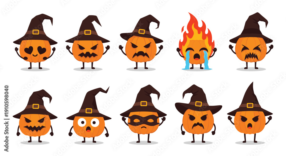 Obraz premium Set of ten orange pumpkin characters with diverse facial expressions and emotions all wearing tall dark purple witch hats.