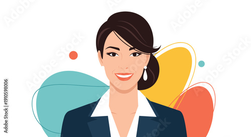 Portrait of a confident professional businesswoman in a navy suit standing against a colorful abstract artistic background.