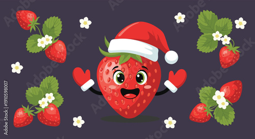 Festive strawberry character wearing a red Santa hat and mittens surrounded by other strawberries and white flowers.
