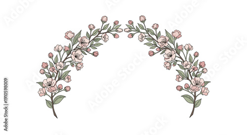 Decorative archway design made of two symmetrical branches of pink cherry blossoms with delicate flowers and green leaves.