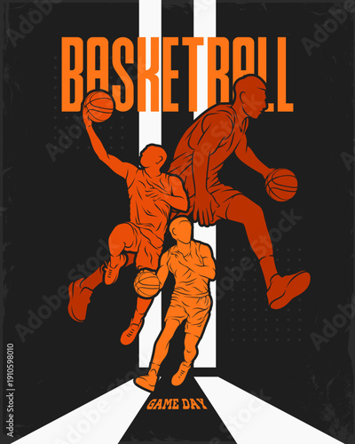 Vibrant Basketball Game Day poster with leaping orange player silhouettes between white stripes, March Madness event excitement.