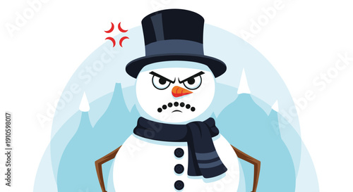 Grumpy snowman character wearing a black top hat and a blue scarf standing in front of several snowy mountain peaks.
