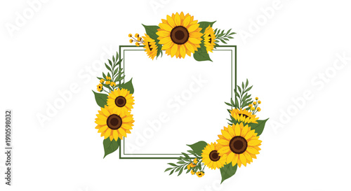 Square floral frame made of bright yellow sunflowers and green leaves surrounding a blank white space for text.