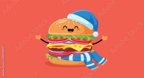 Massive double cheeseburger character wearing a blue and white Santa hat and a matching striped scarf for the holidays.