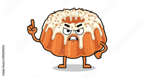 Angry bundt cake character with a white frosting glaze pointing its finger up in a stern and reprimanding gesture.