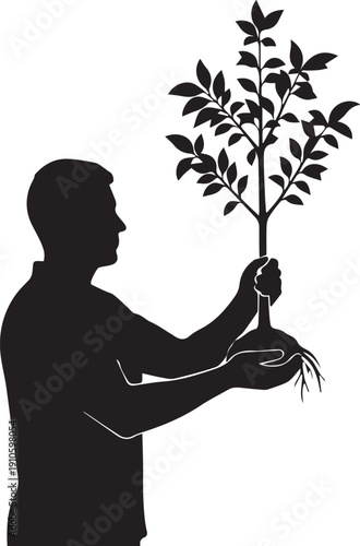 Man holding young tree silhouette vector illustration for arbor day event promotional theme