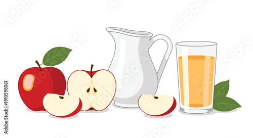 Still life arrangement of fresh red apples with a sliced piece next to a glass pitcher and a glass filled with apple juice.