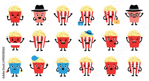 Large collection of red blue and white popcorn bucket characters displaying a wide variety of facial expressions and emotions.