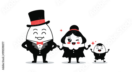 Elegant family of egg sushi characters featuring a father in a tuxedo and top hat mother in a dress and a joyful child.