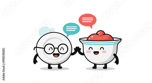 Joyful plate and bowl characters wearing black glasses and giving each other a high five with speech bubbles above them.