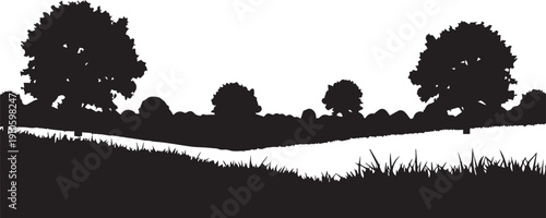 Rural landscape lake shore trees grass vector silhouette illustration scenic view